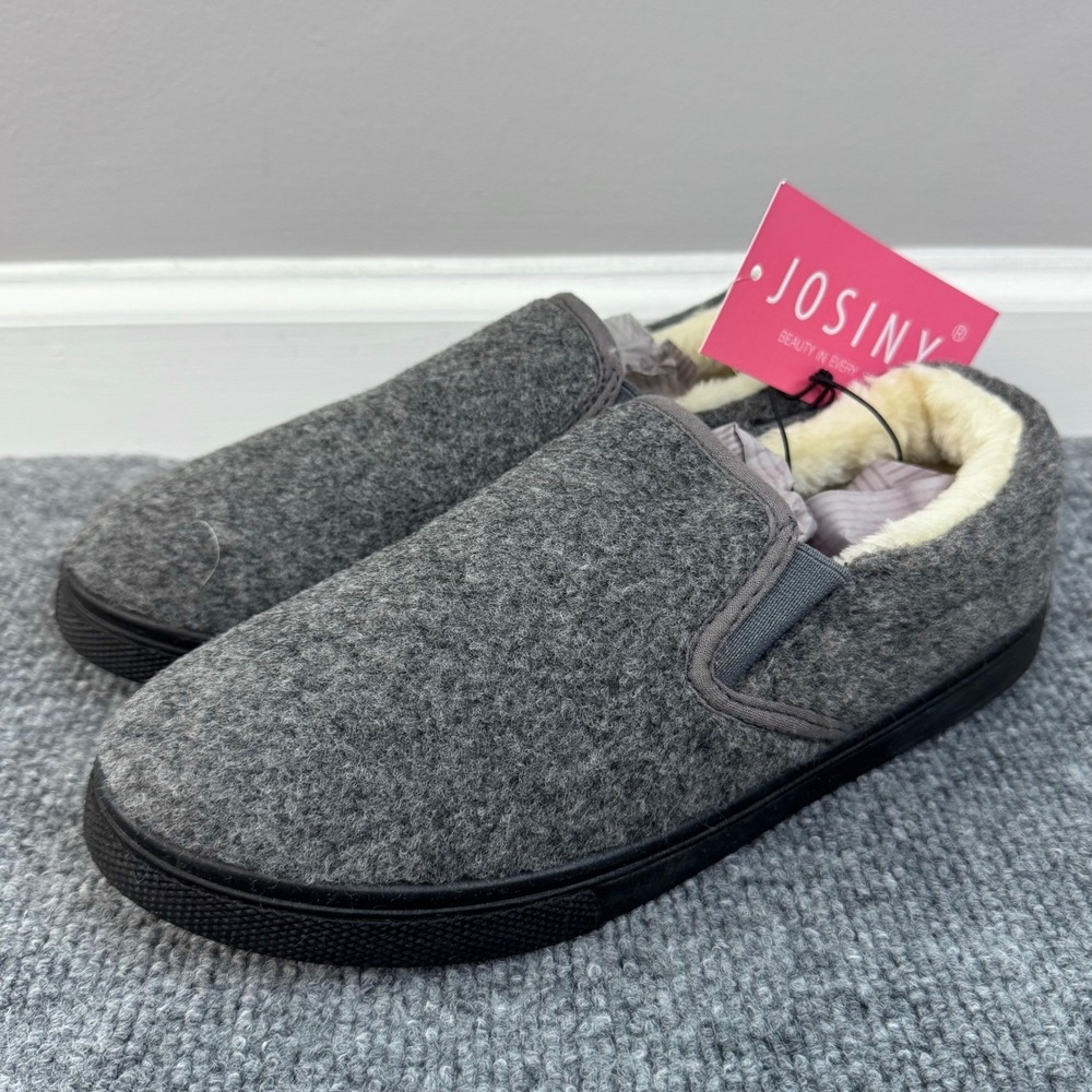 Josiny Fuzzy‎ Slippers Mens 7 Womens 9 Gray Cozy Slip On Loafers House Shoes New